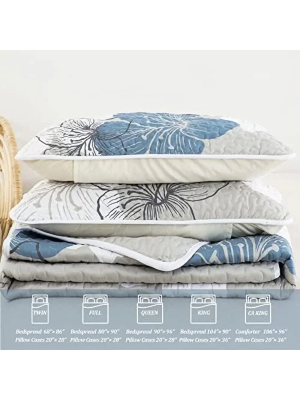 California King Size 3-Piece Blue Floral Quilt Bedding Set - Cozy & Stylish
